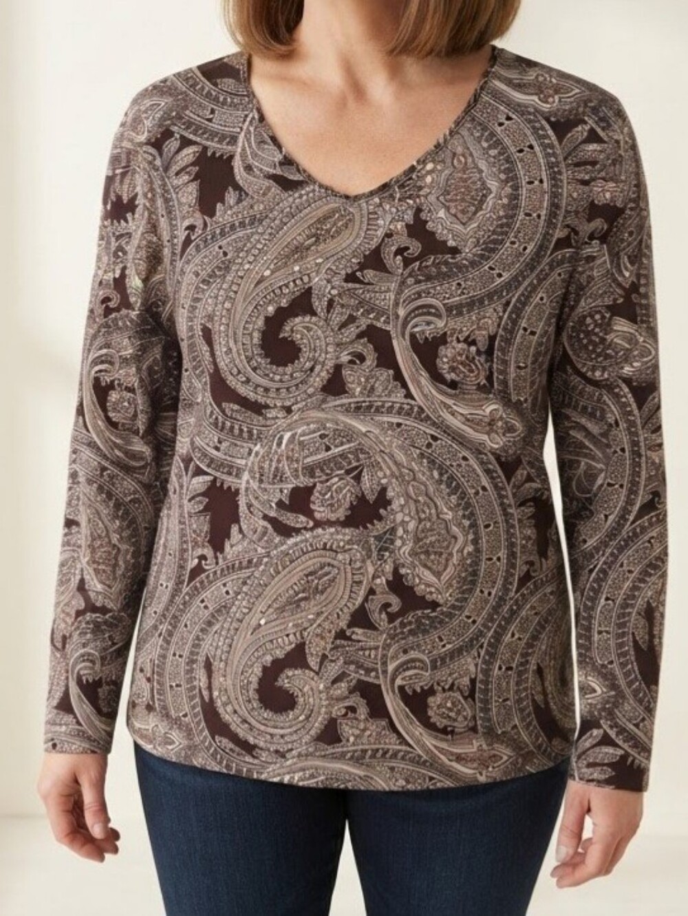 Croft & Barrow Women's XL Brown Paisley Knit Top V Neck Long Sleeve Stretch
